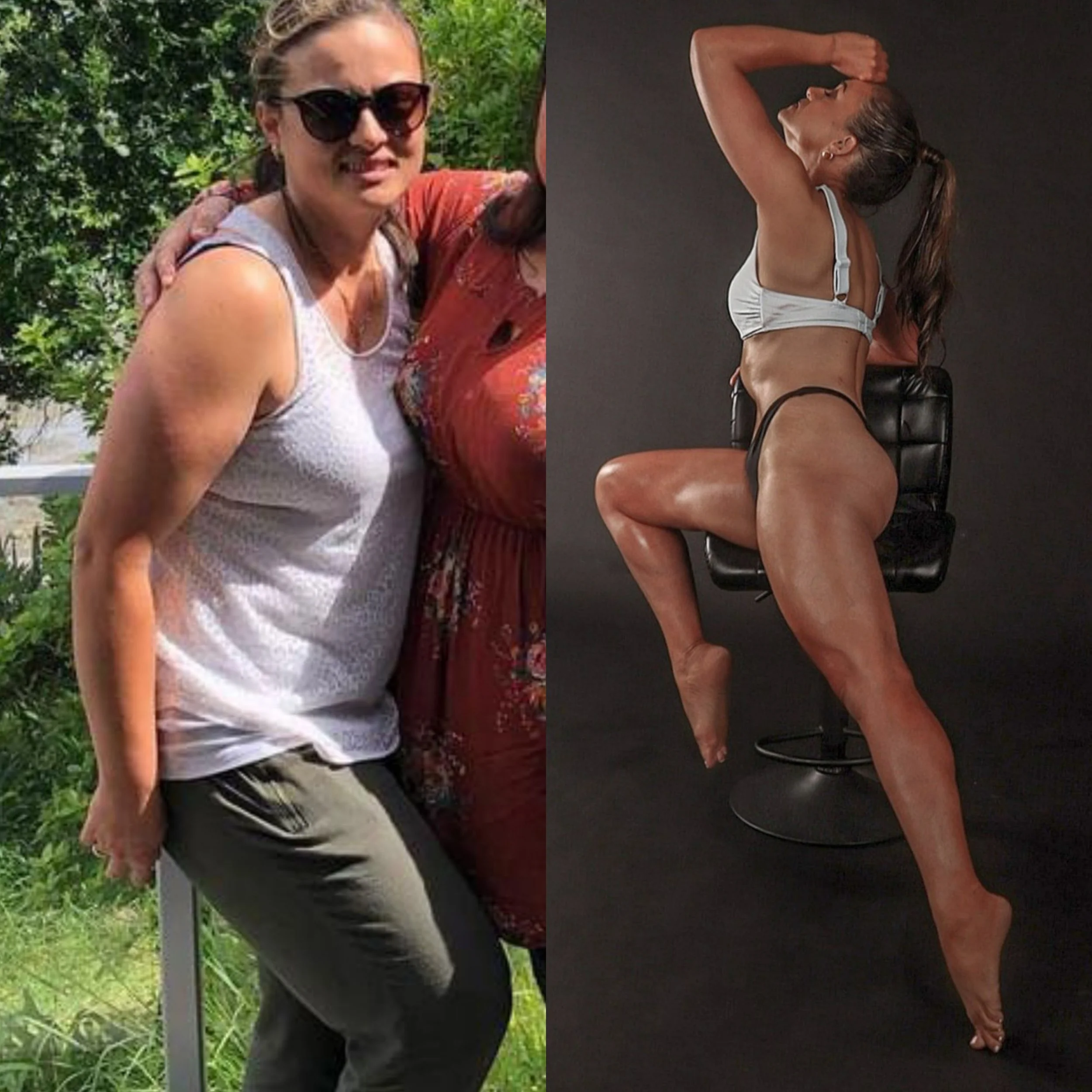 Split image showing a woman in casual outdoor clothing on the left and a woman in a bikini posing on a black background on the right.