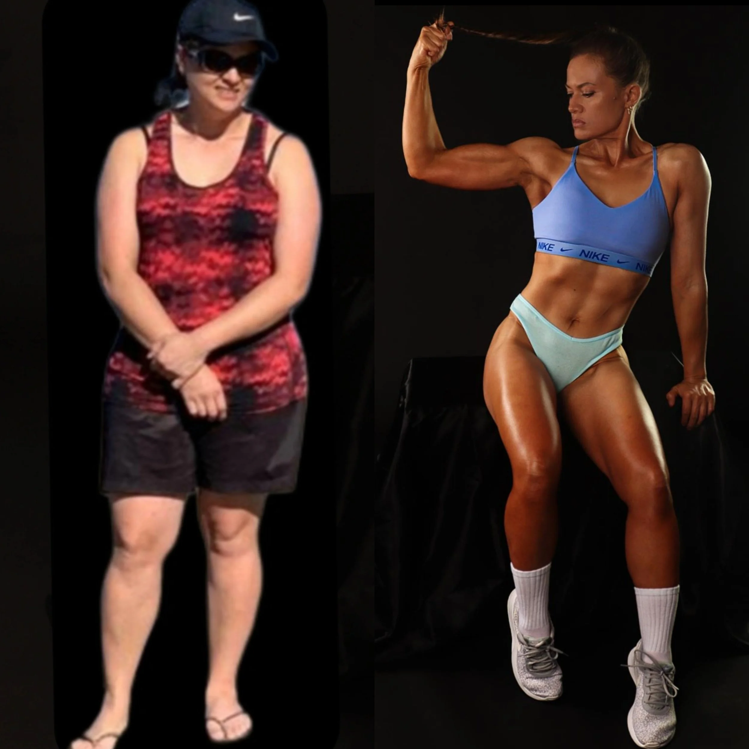 Before and After transformation of a bigger woman and then a muscular tanned woman.