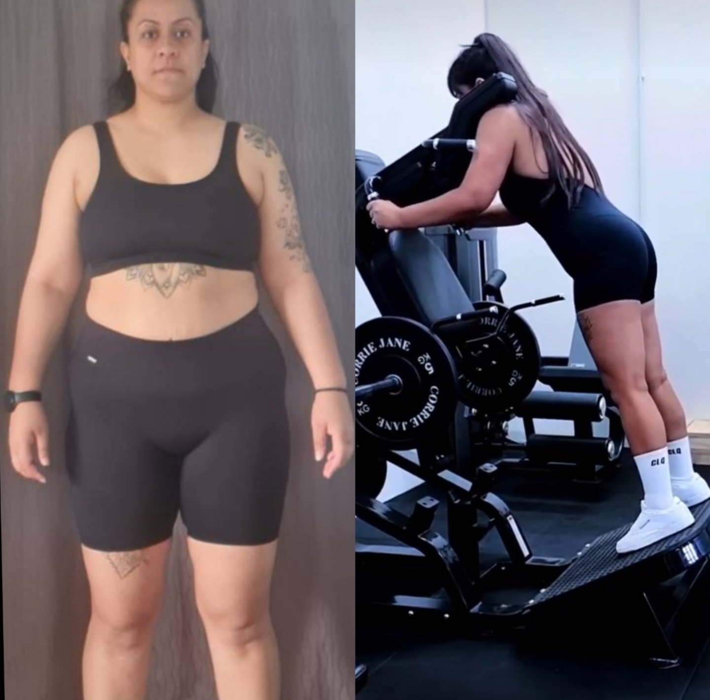 Side-by-side photos of a woman, one before exercising and one working out on a treadmill.