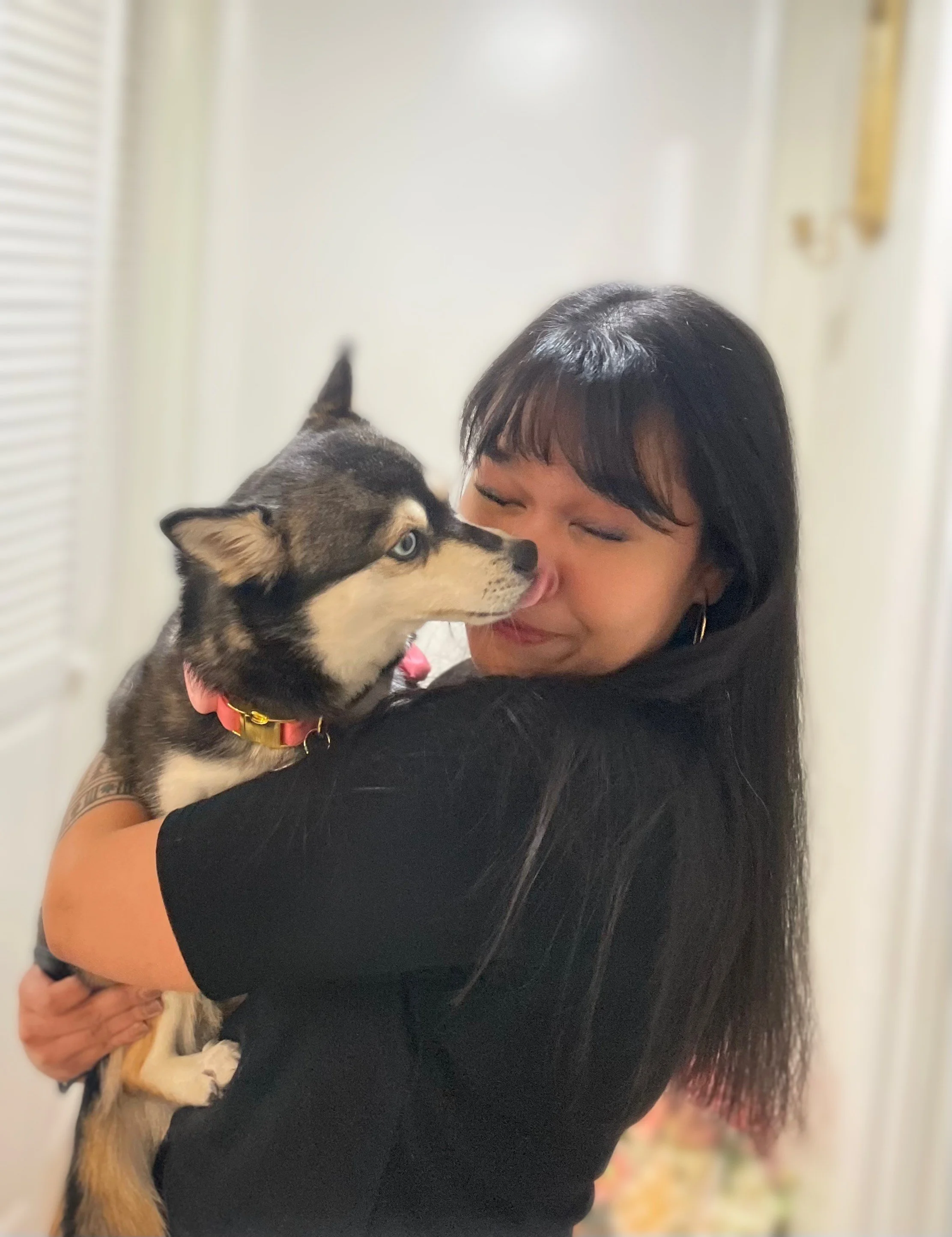 A woman holding and cuddling a husky puppy in a home setting.