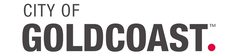 Logo of the City of Gold Coast with black and pink text on a white background.