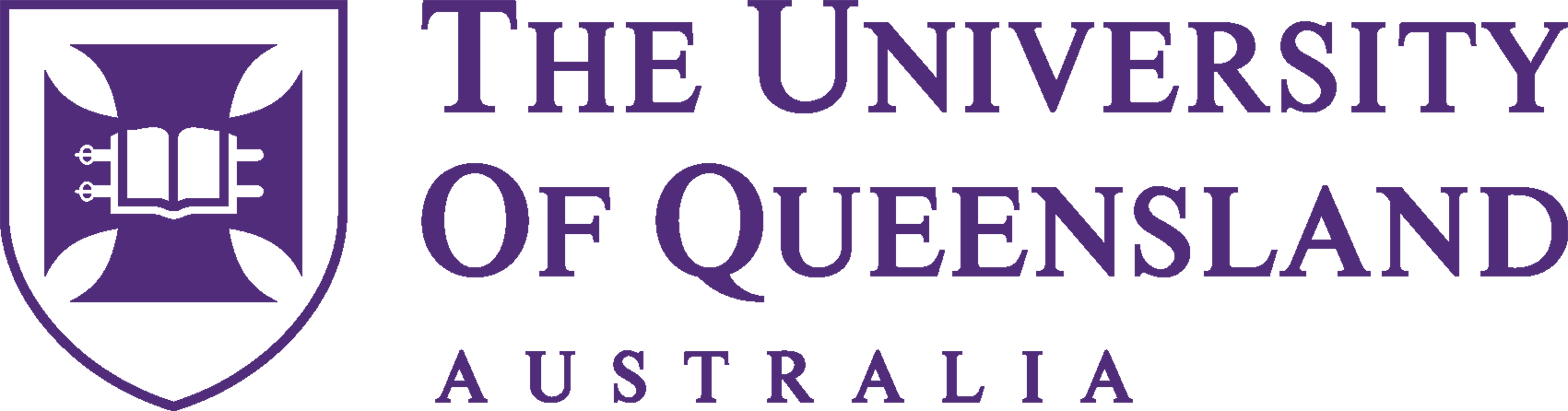 The logo of the University of Queensland in Australia, featuring a purple shield with an open book and a stylized face, and the university's name written in purple.