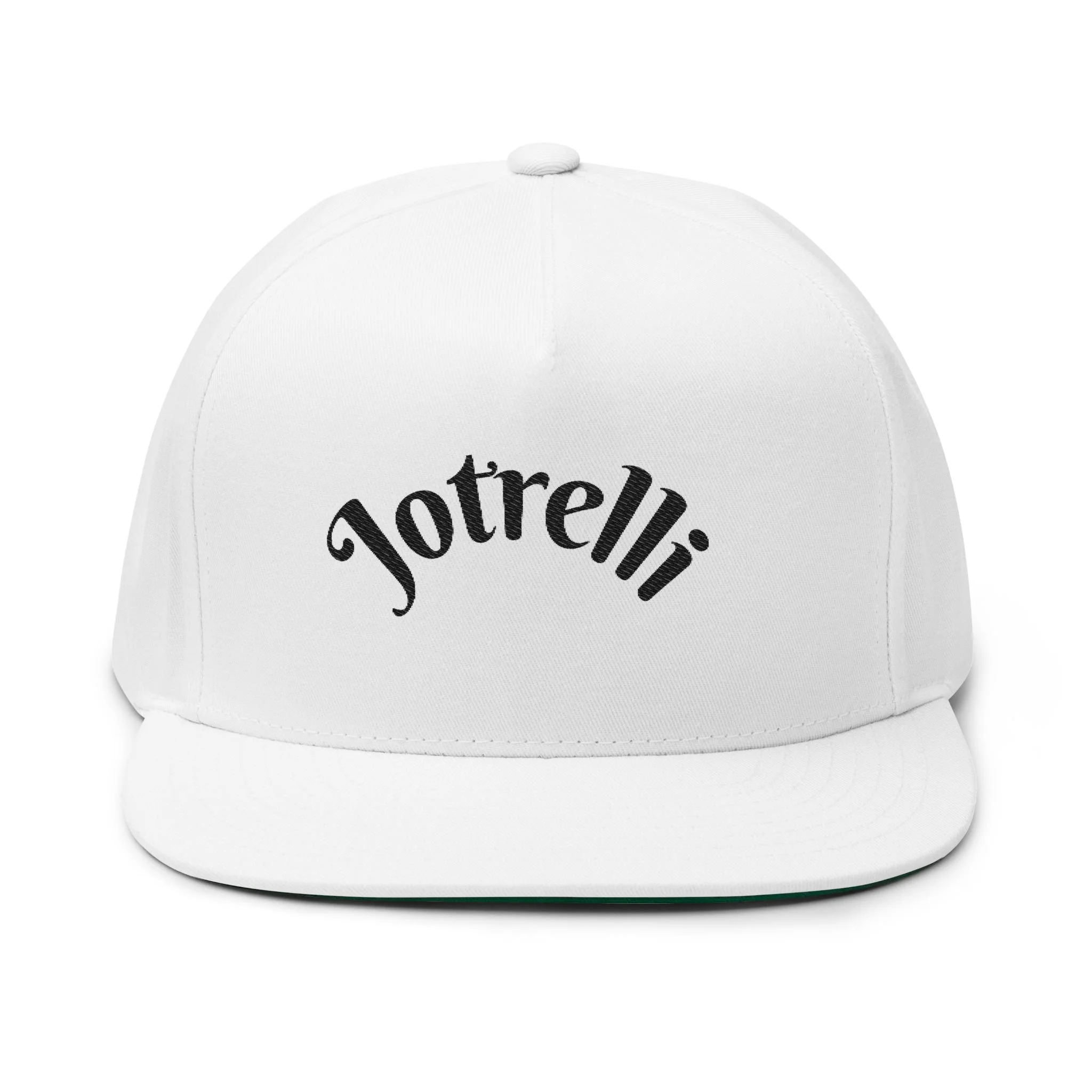 Embroidered Flat Bill Cap — 'Jotrelli' Script Snapback Hat