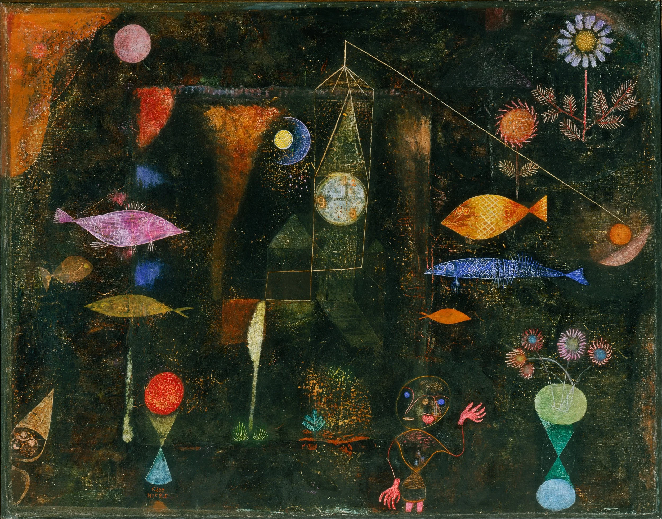 A Paul Klee painting with dark background, featuring colorful fish, circles, flowers, and geometric shapes in vibrant colors with gold accents.