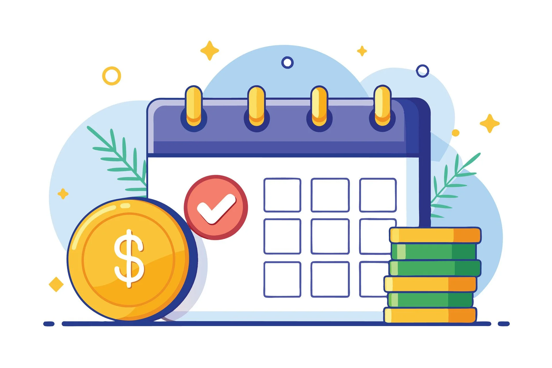 A digital illustration of a calendar, a large coin with a dollar sign, a red checkmark, and a stack of green and yellow coins, symbolizing financial planning or savings.
