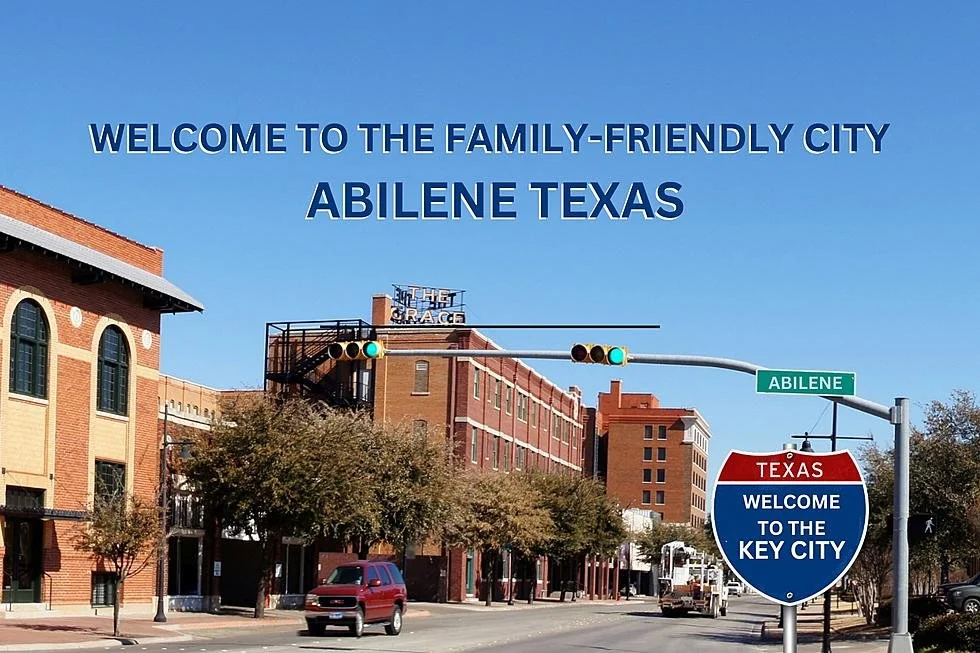 Street view of downtown Abilene, Texas, with buildings, trees, and traffic lights, under a blue sky, and welcome signs.