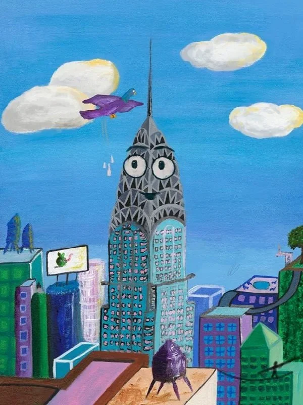 Close up of Chrysler. Acrylic on canvas (and mixed medium). From The Places I Love to Poop On