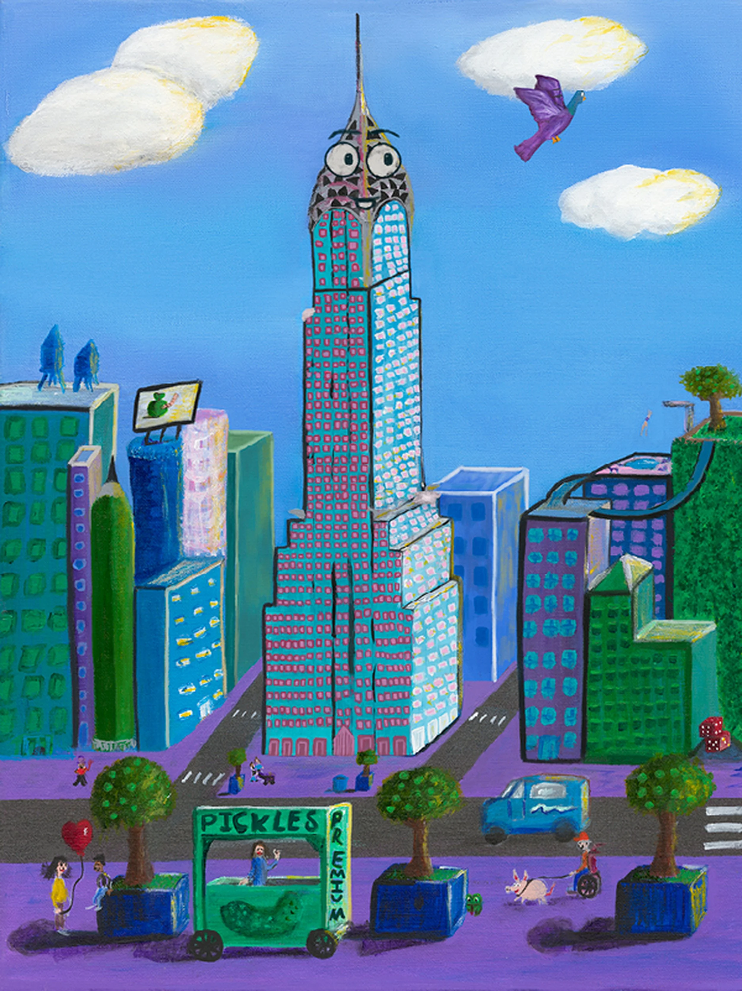 Title: The Chrysler Building  Medium: Acrylic on canvas (and mixed medium)  Book: The Places I Love to Poop On  Art: Boaz Gavish