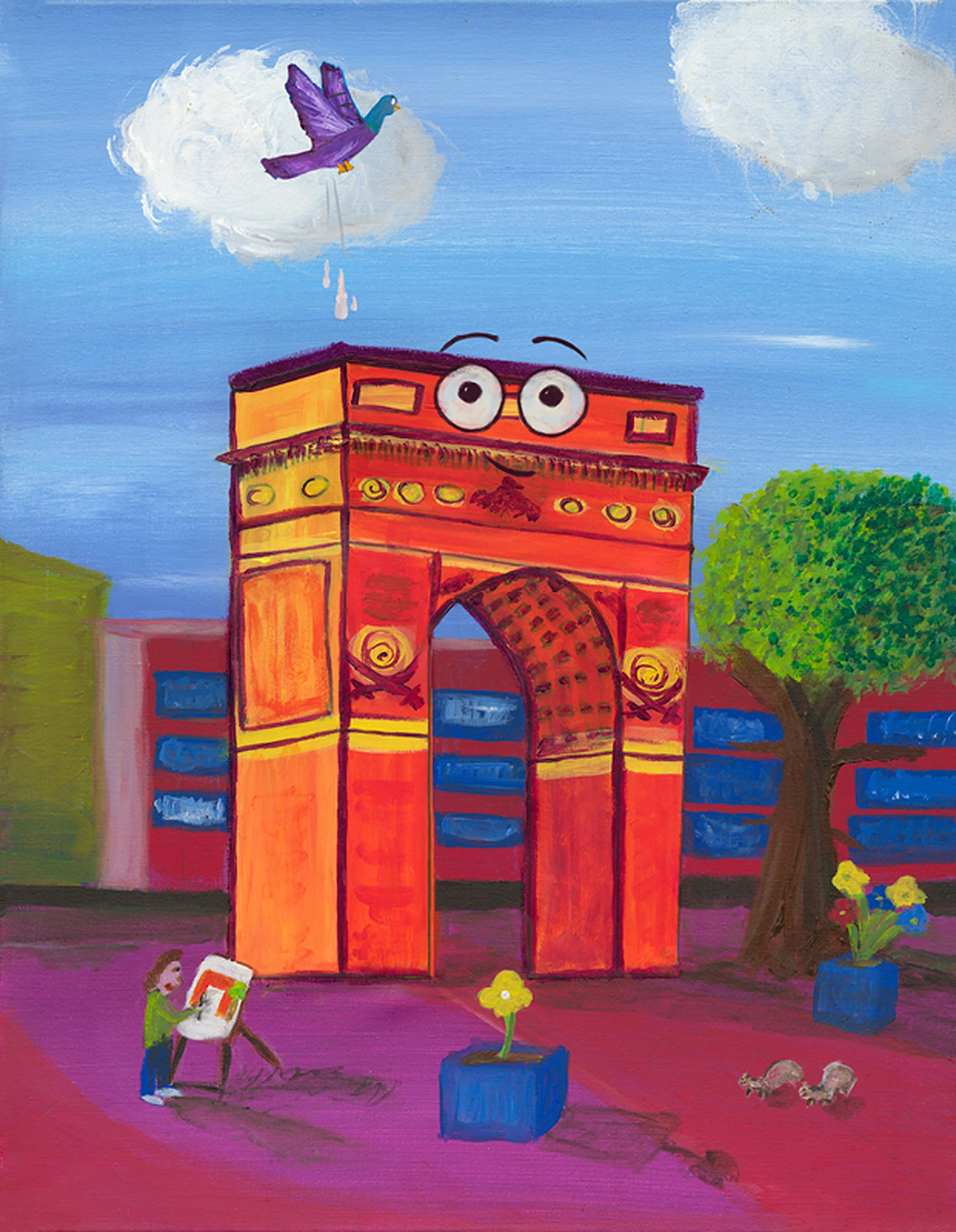 Title: Washington Square Park  Medium: Acrylic on canvas (and mixed medium)  Book: The Places I Love to Poop On  Art: Boaz Gavish