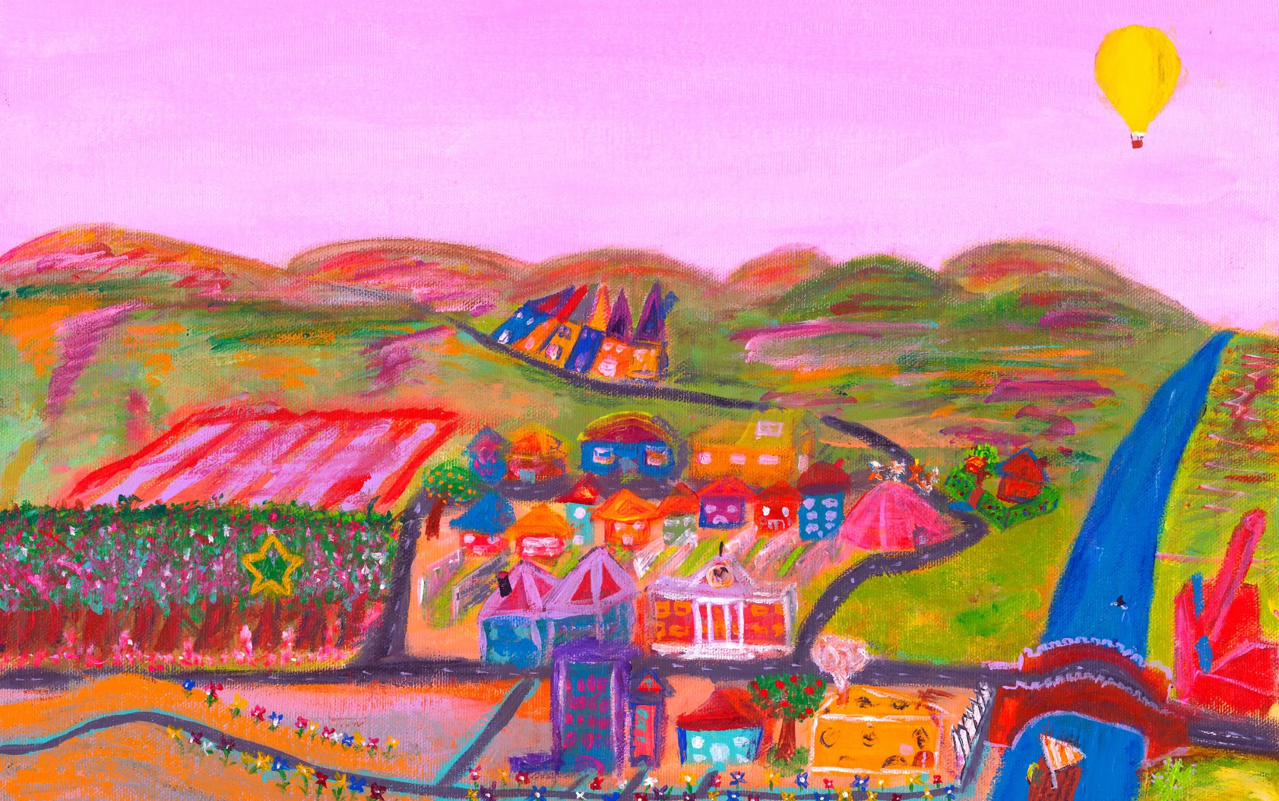 Title: Mia’s Magical Village  Medium: Acrylic on canvas  Book: The Space Ticklers  Art: Boaz Gavish