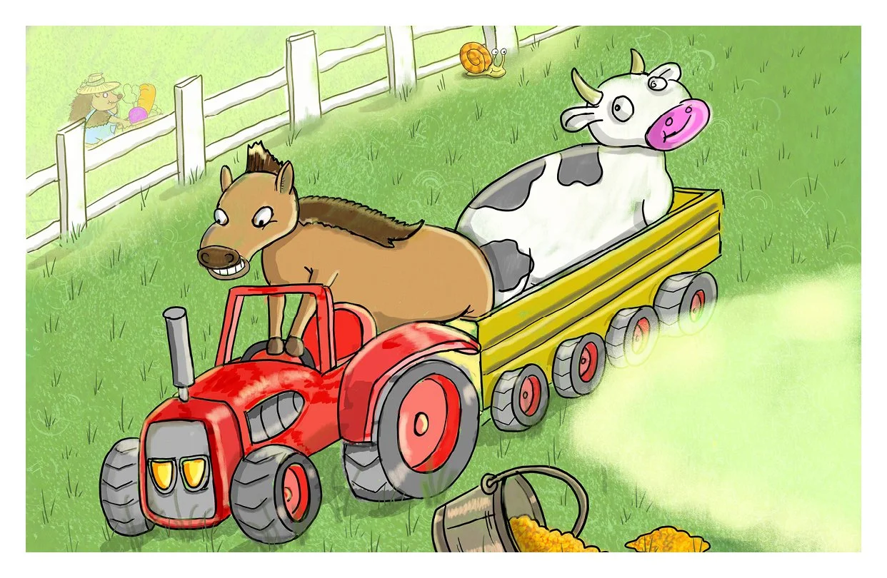 Title: The Cow and the Horse  Medium: Digital   Book: A Tractor of Course   Art: Original by Boaz Gavish, digitized by Jimmy Gleeson