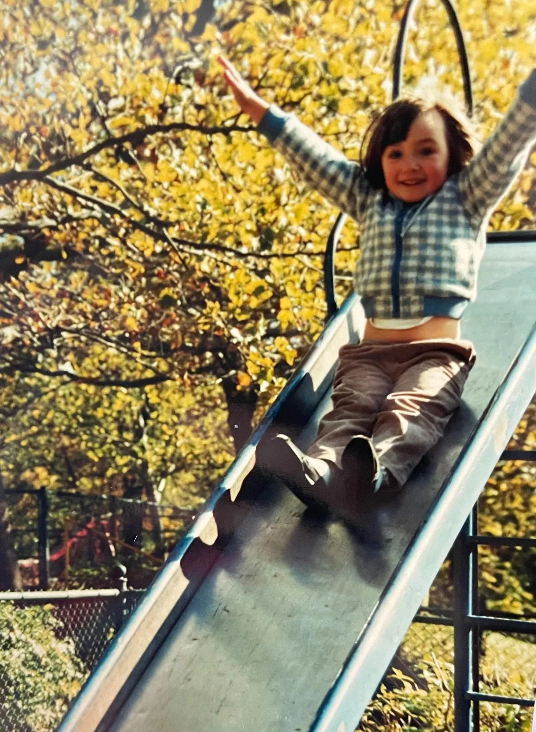 Young girl with dark hair sitting at the top of a slide, smiling, with arms raised in excitement, surrounded by yellow autumn leaves.