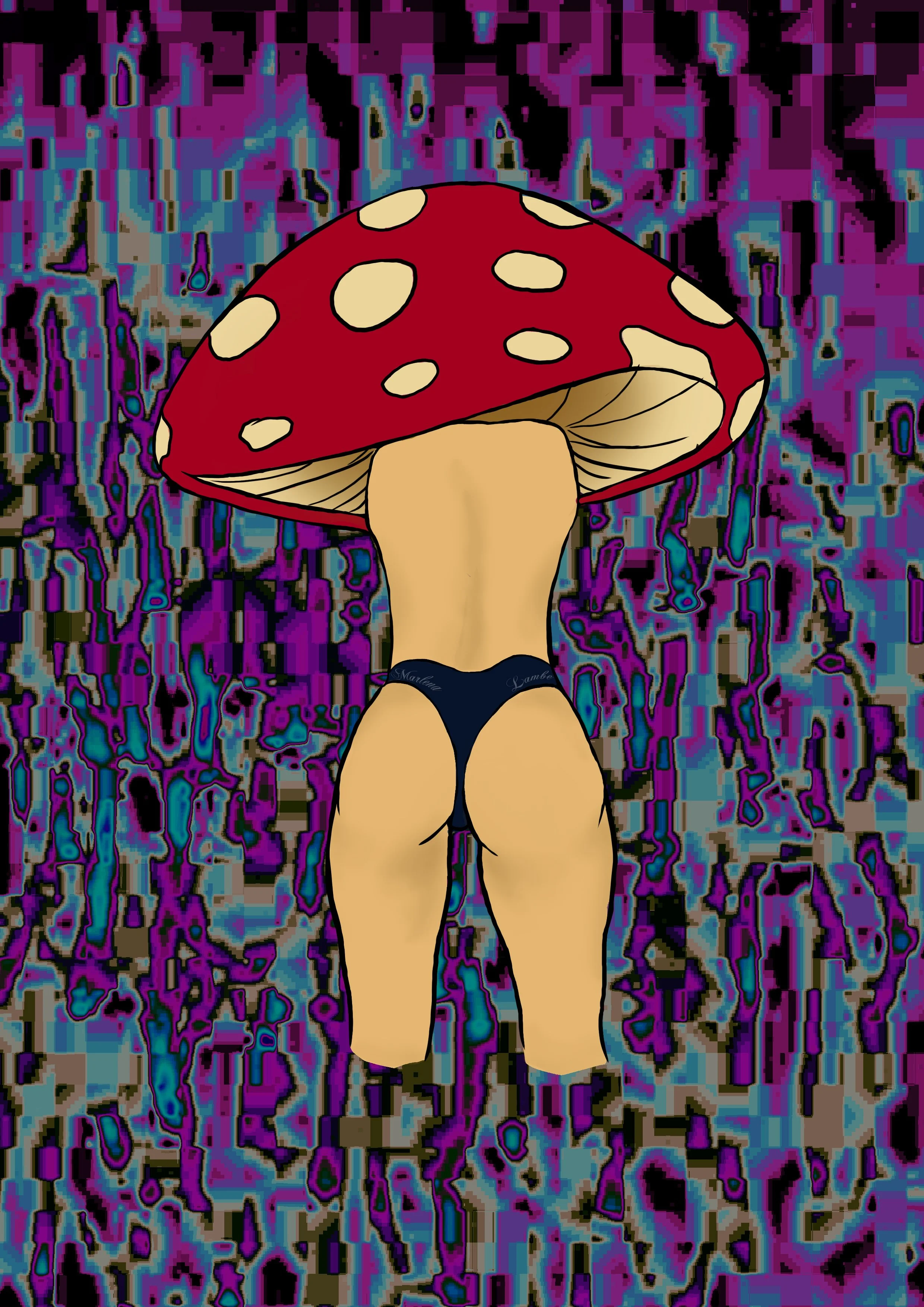 A digital illustration of a humanoid figure with a mushroom for a head, standing with their back to the viewer. The figure is wearing black underwear, and the background features a vibrant, abstract, pixelated pattern in shades of purple, blue, and black.
