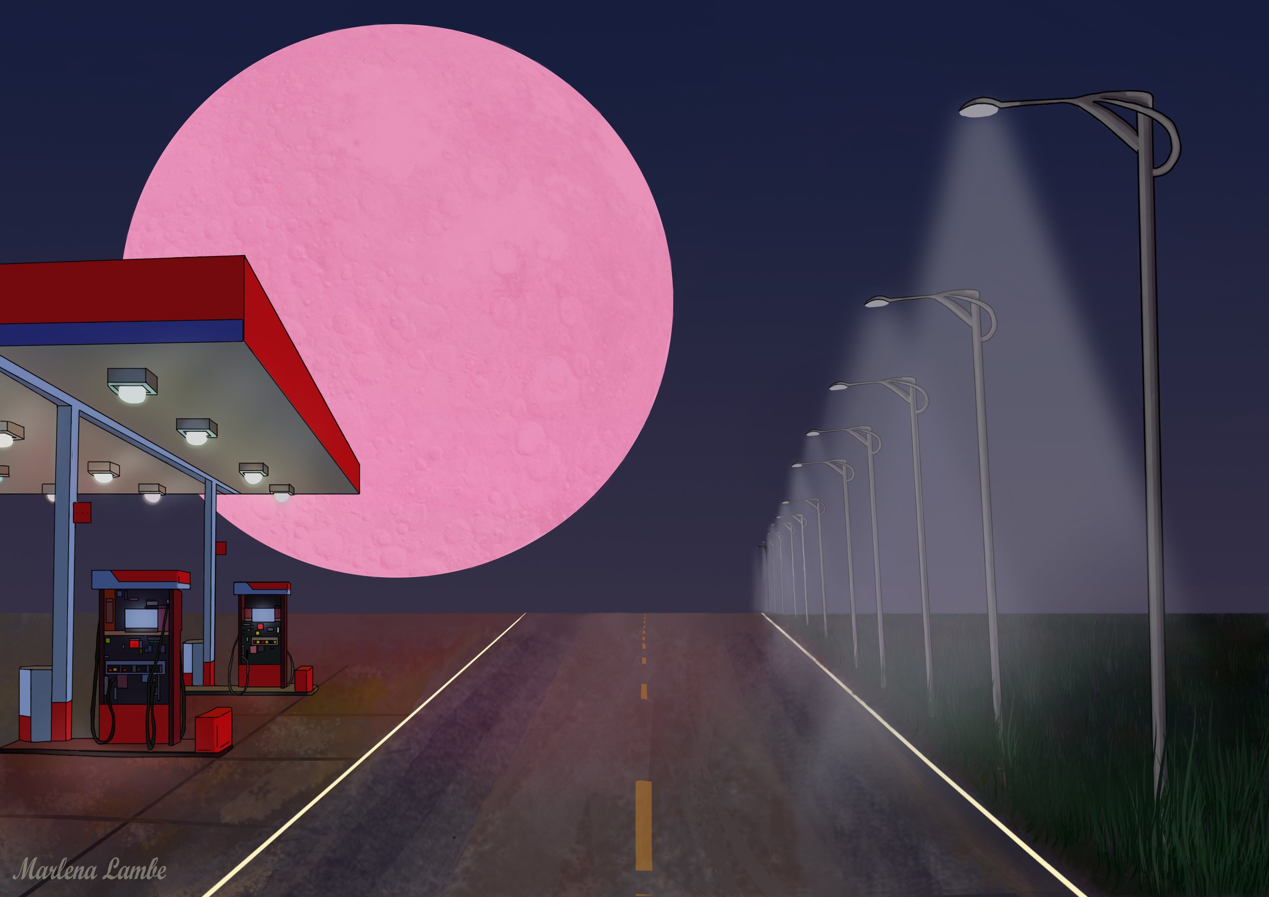 A illustration made on Photoshop showing a deserted road at night with a row of streetlights on the right and gas pumps on the left under a large pink moon in the sky.