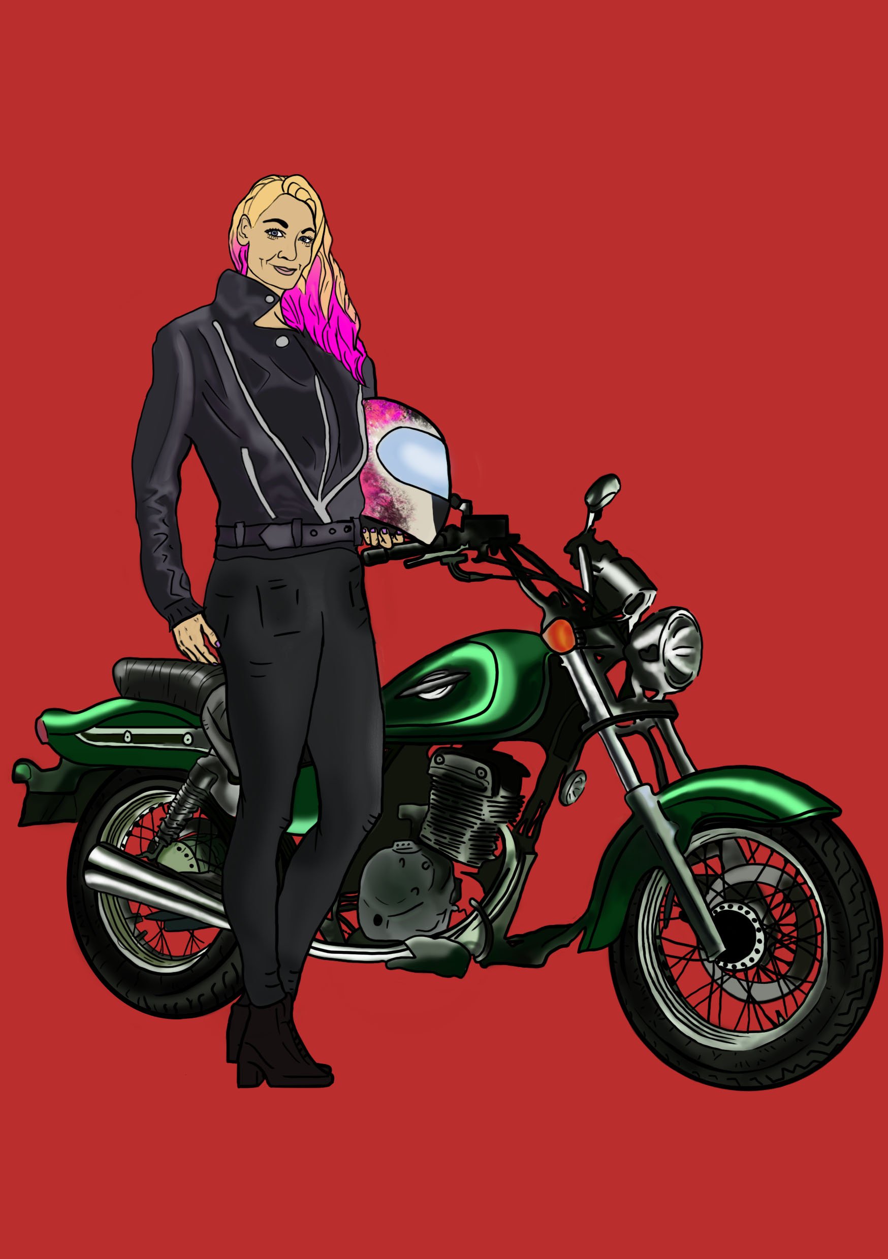 A drawing of a biker woman with Pink Dyed hair infront of a motorcycle.