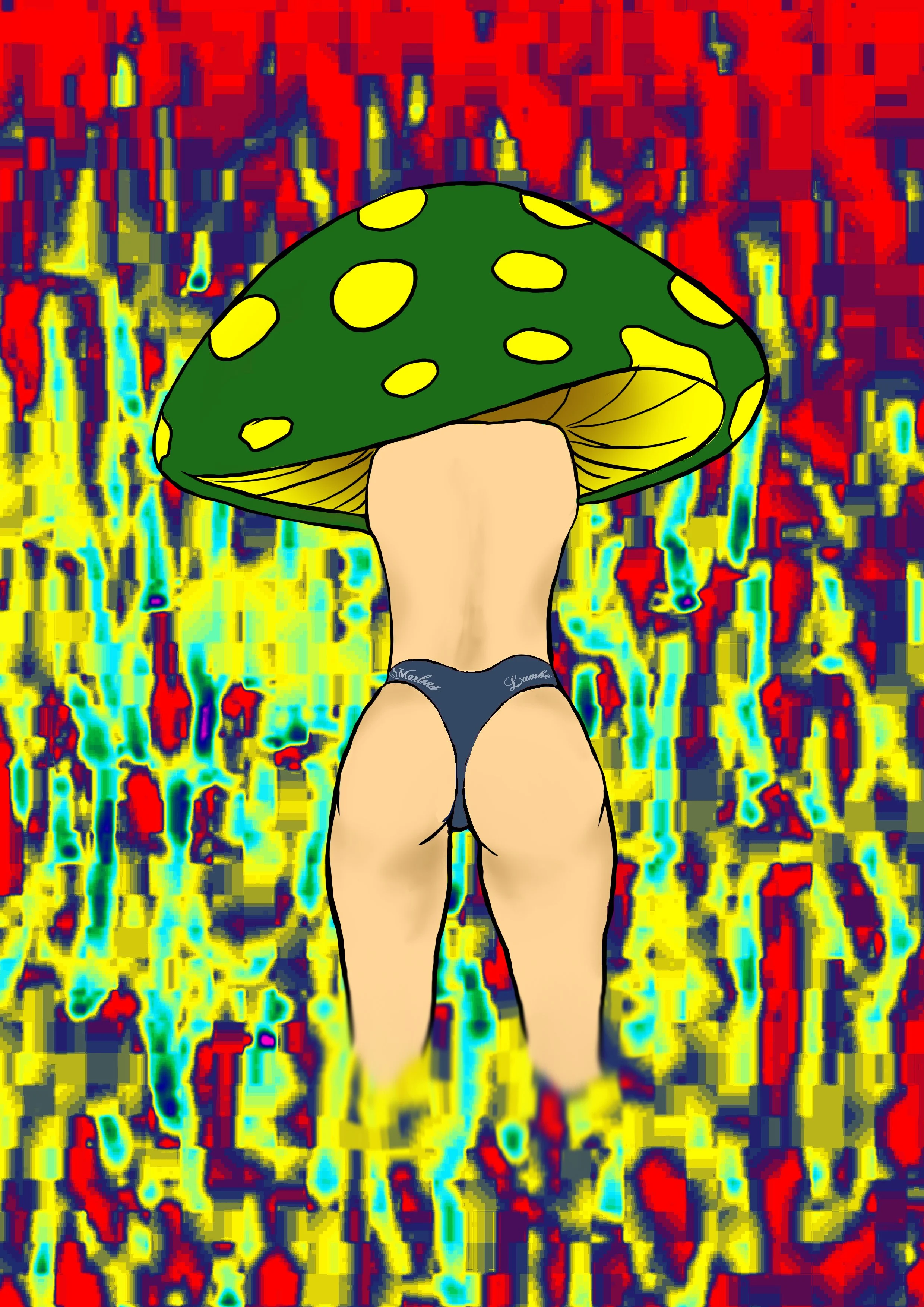 A surreal digital artwork featuring a person's lower back and legs wearing black underwear with white text, their head is replaced with a large green mushroom with yellow spots. The background is a vibrant, chaotic abstract mix of colors.
