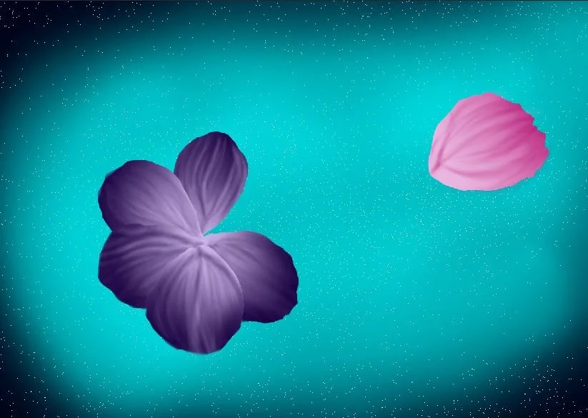 An illustration done on Photoshop showcasing a purple and a pink flower petal floating against a speckled teal background.
