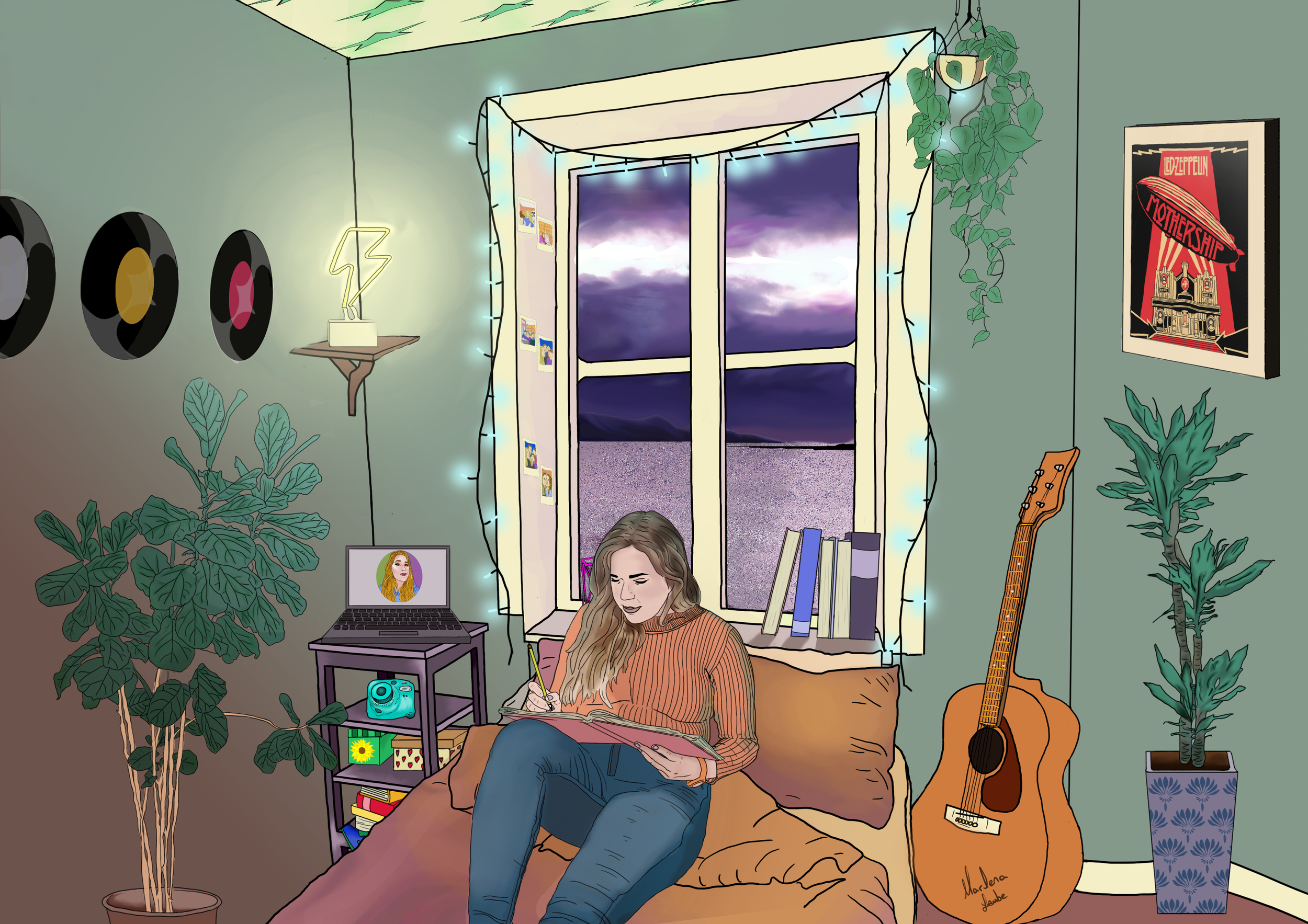 A cozy bedroom with a woman sitting on a bed, writing in a notebook. The room has a large window showing a cloudy sky, fairy lights, and various decorations including a Led Zeppelin poster and potted plants. There is a guitar propped against the wall, a small nightstand with a laptop, and a bookshelf with books and a camera.