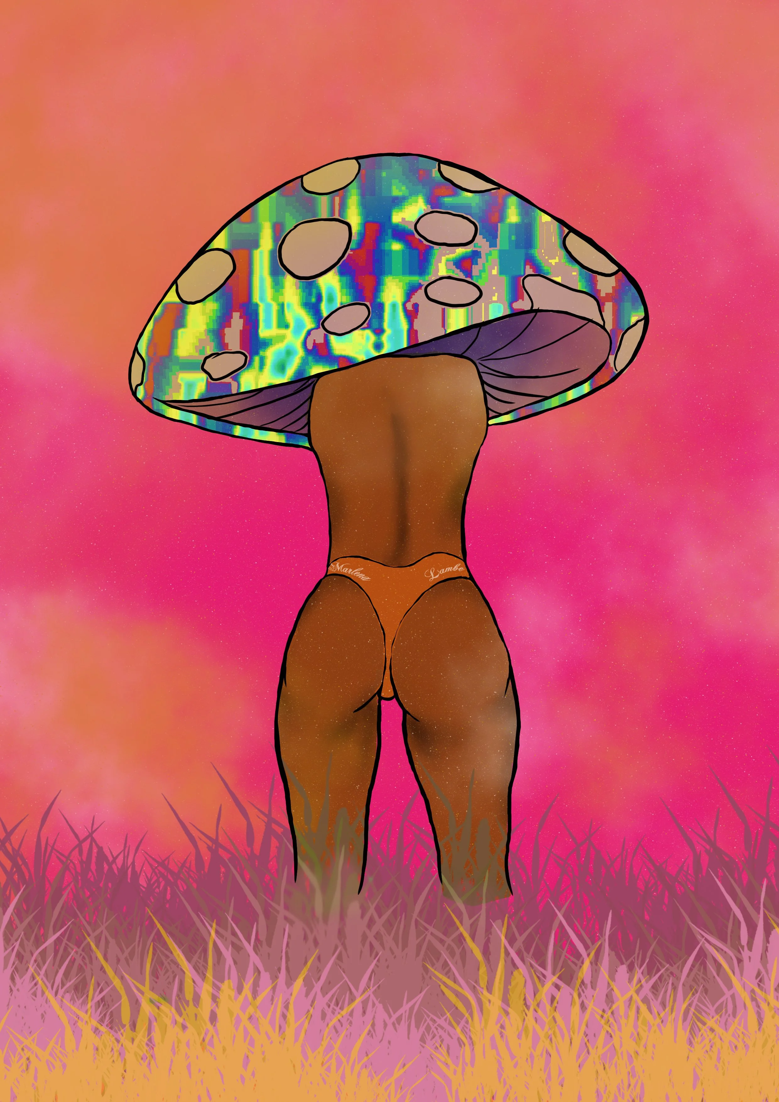 Digital illustration of a person with dark skin wearing orange underwear, holding a large, colorful mushroom with a holographic cap as their head, standing in pink and yellow grassy field with a pink and orange gradient sky in the background.