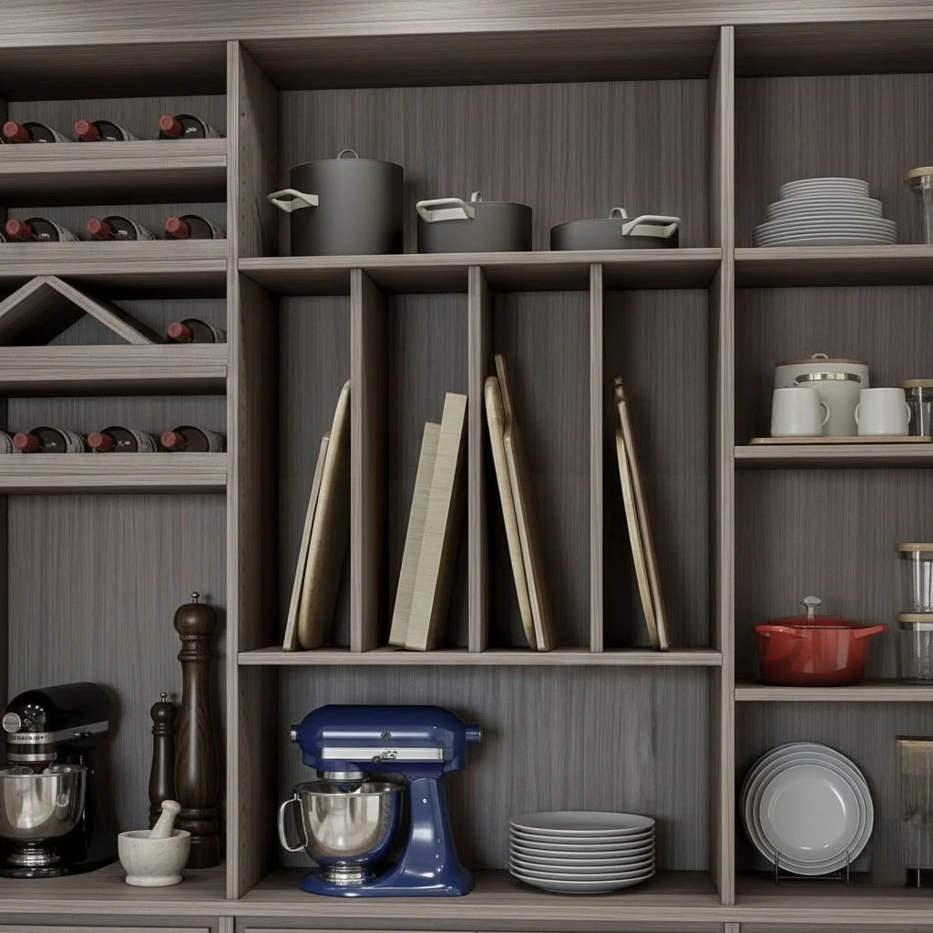 Kitchen shelving with wine bottles, pots, cutting boards, dishes, mugs, a red pot, plates, and a stand mixer.