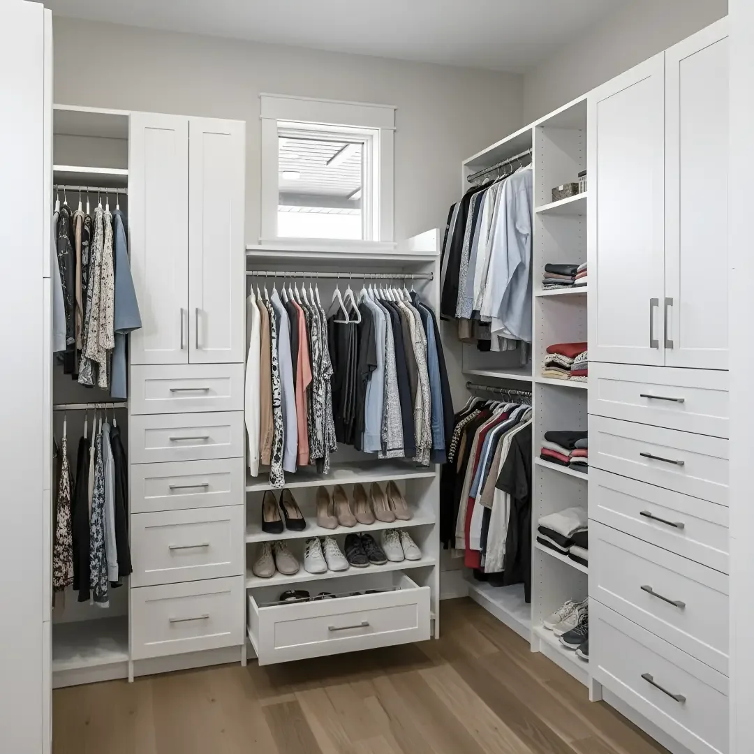 A walk-in closet with white built-in shelves and drawers filled with neatly organized clothing, shoes, and accessories. There is a small window at the top.