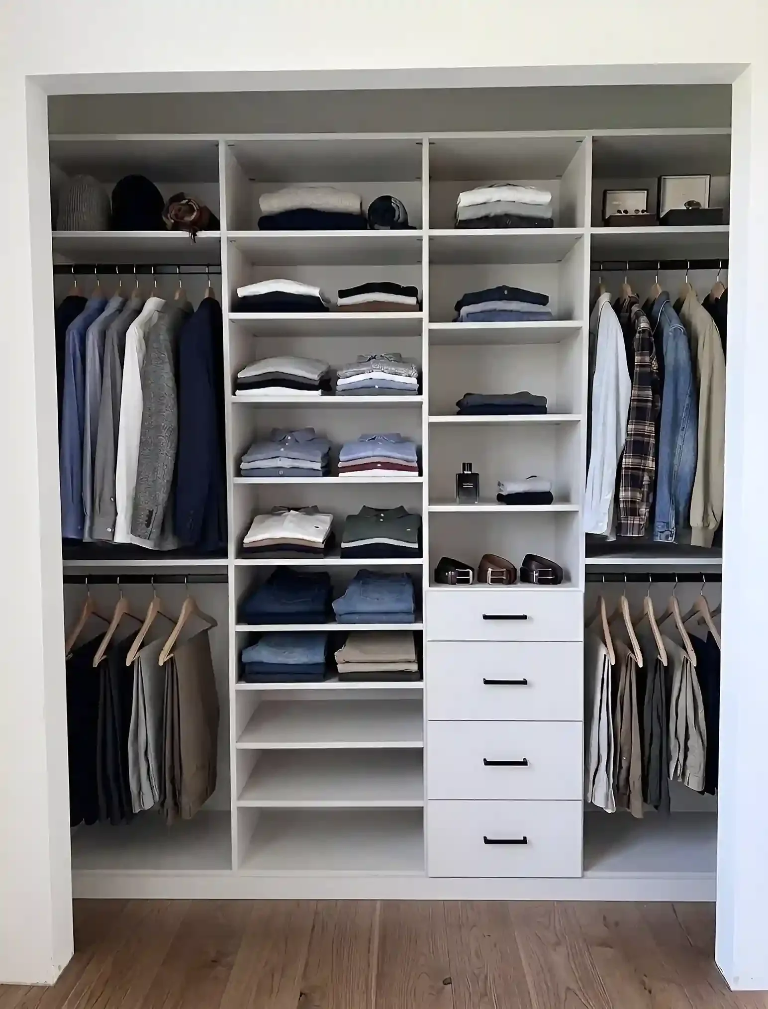 A white closet with hanging clothes, folded shirts, hats, and organized storage boxes, situated on a wooden floor.