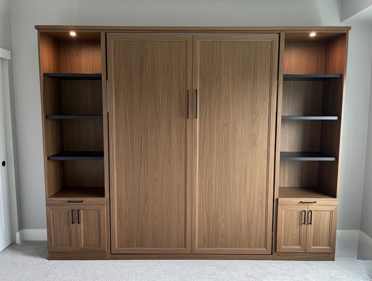 Wooden wall unit with open shelves and sliding doors, located in a house interior.
