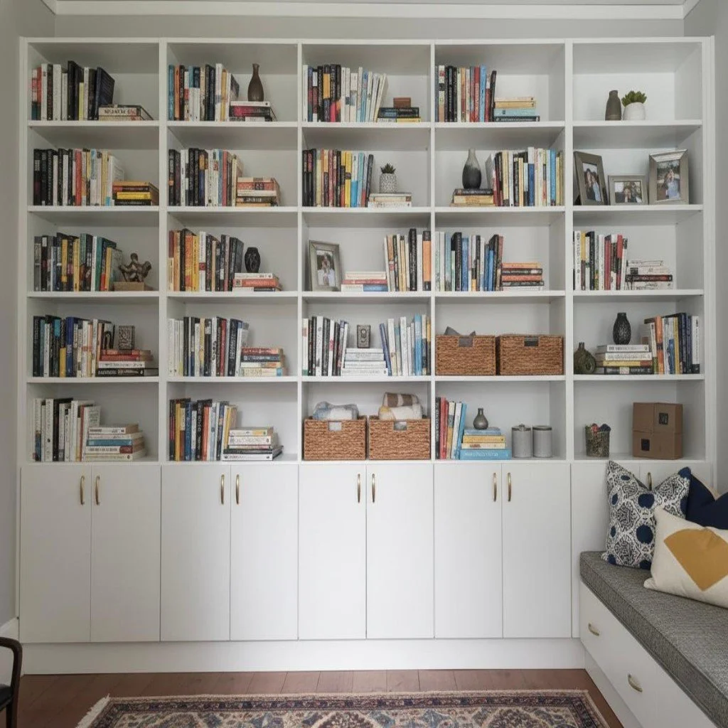 White bookshelf filled with books, small potted plants, framed photos, and decorative items in a living room