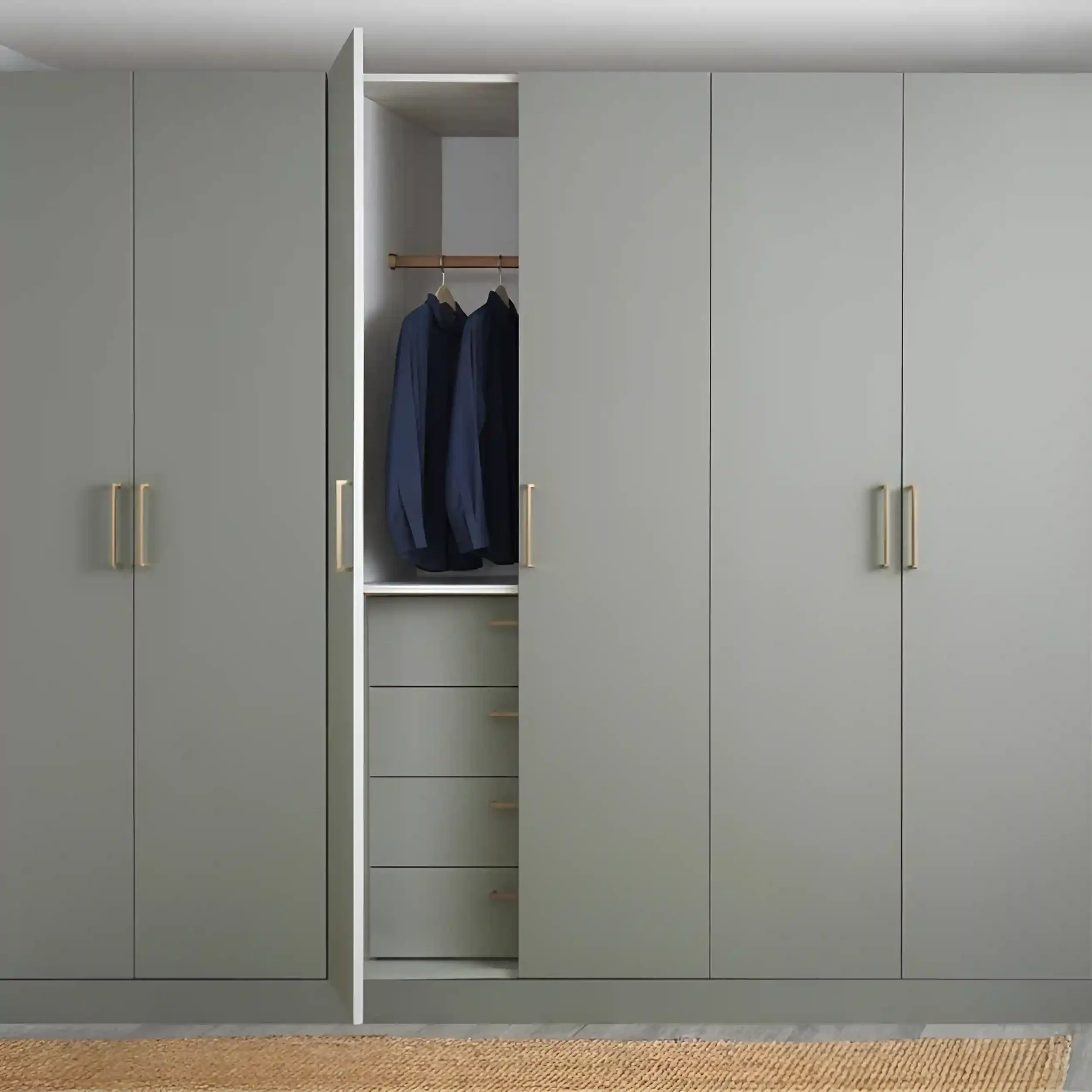 Open closet with three navy blue shirts hanging inside, with drawers below and beige handles on gray doors.