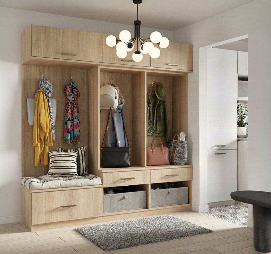 Entryway with a light wood coat rack and storage unit, hanging clothes and bags, overhead ceiling light fixture, and floor mat.