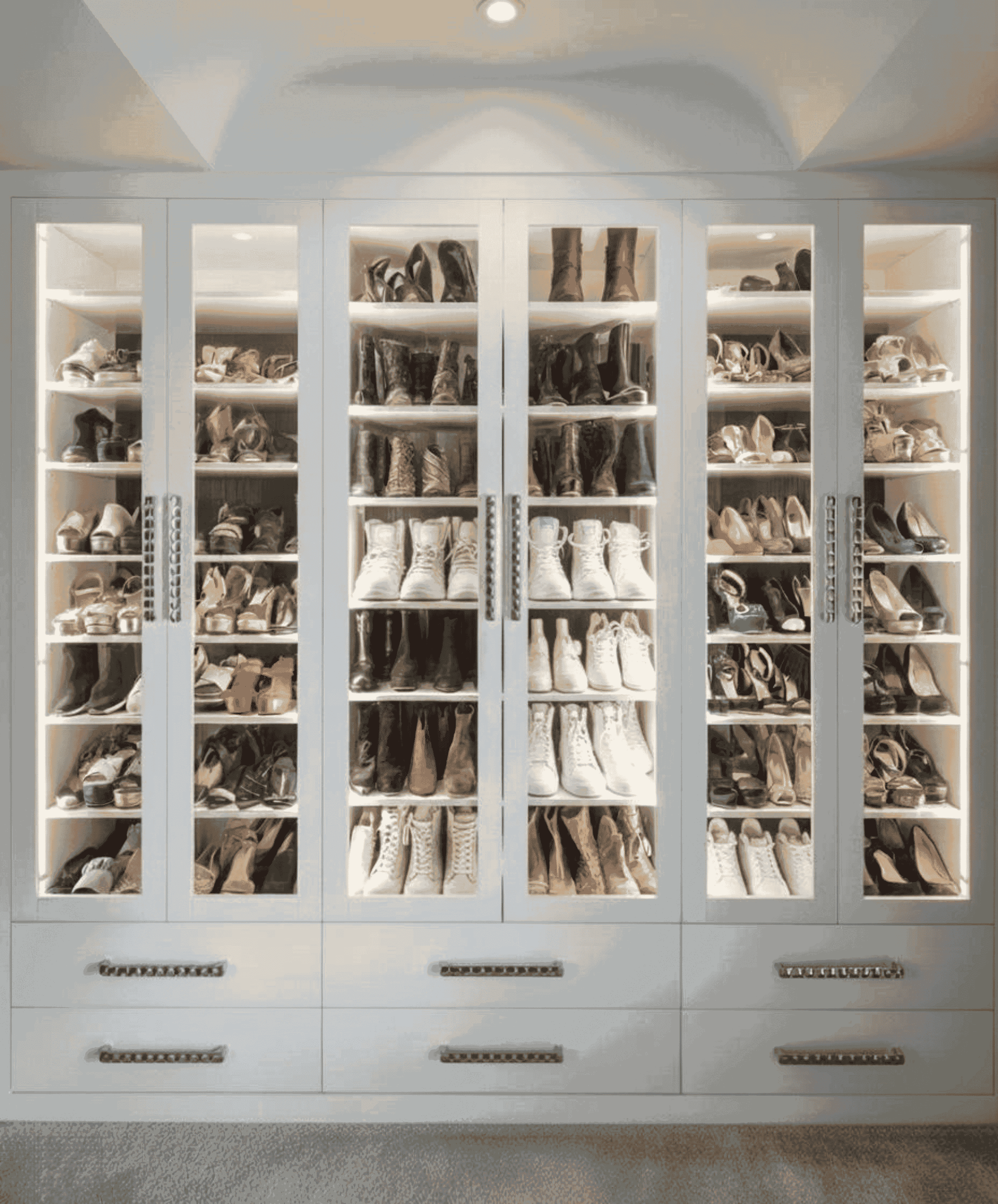 A white shoe cabinet with glass doors displaying various shoes and boots, with drawers at the bottom.