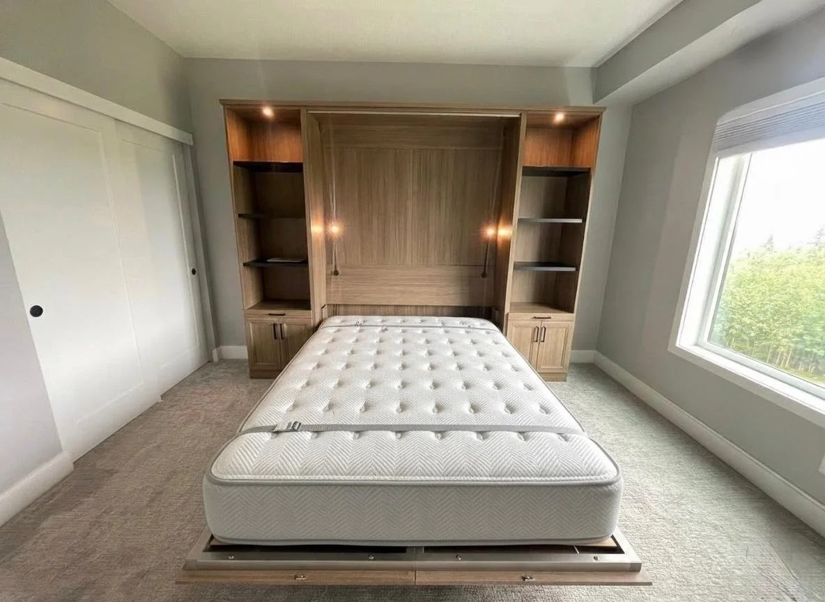 A bedroom with a large window, built-in wooden shelving behind a box spring mattress, and a closed white closet door.