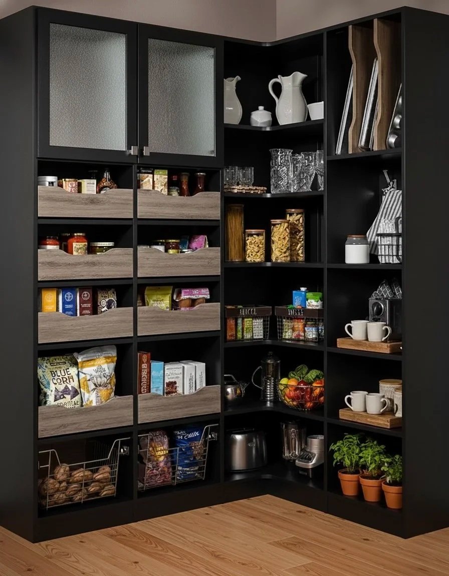 Kitchen pantry with black shelving, glass jars with pasta, tea, coffee, and cooking ingredients, white dishes and mugs, potted herbs, and various kitchen appliances.