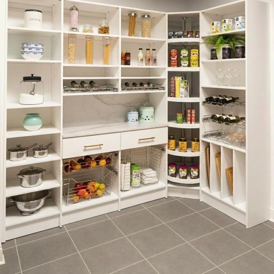 A pantry with white shelving containing various jars, canned goods, wine bottles, and kitchenware, with a tiled floor.