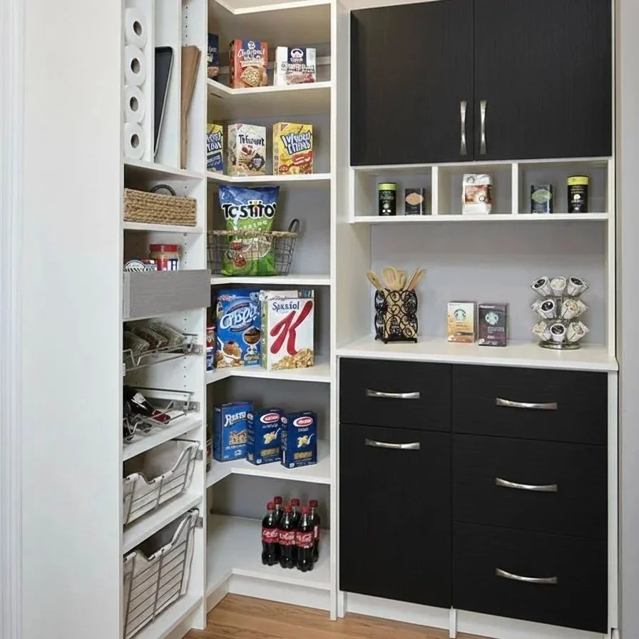 Pantry storage with black and white cabinets, shelves filled with snack boxes, canned food, jars, and bottles, including Coca-Cola bottles, organized in a corner closet.