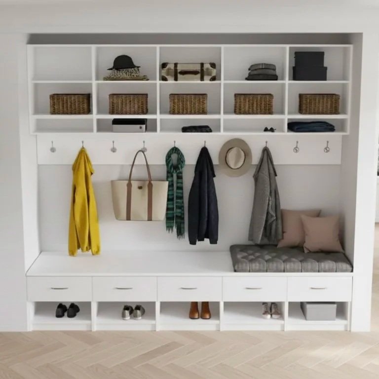 Organized entryway with a built-in white shelving unit, hooks with jackets, scarf, bag, hat, and bench with pillows and shoe cubbies.