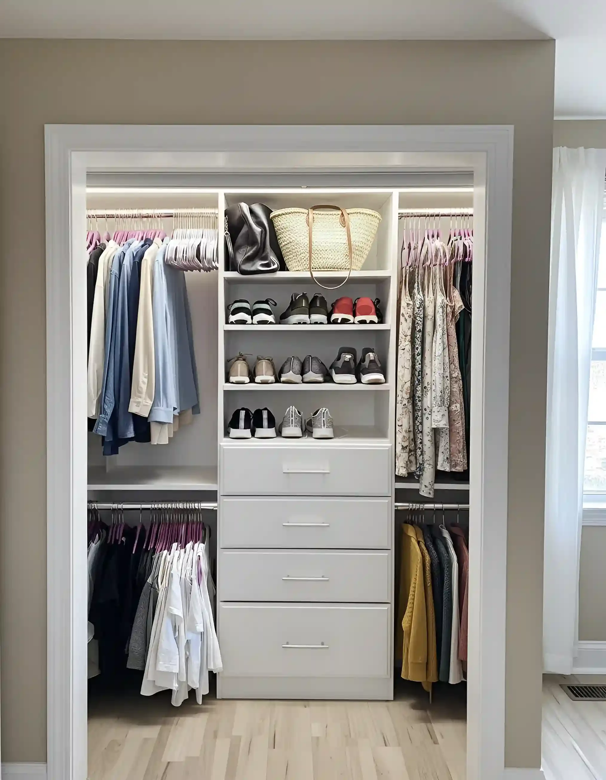 A neatly organized walk-in closet with clothing, shoes, and accessories stored in designated sections.