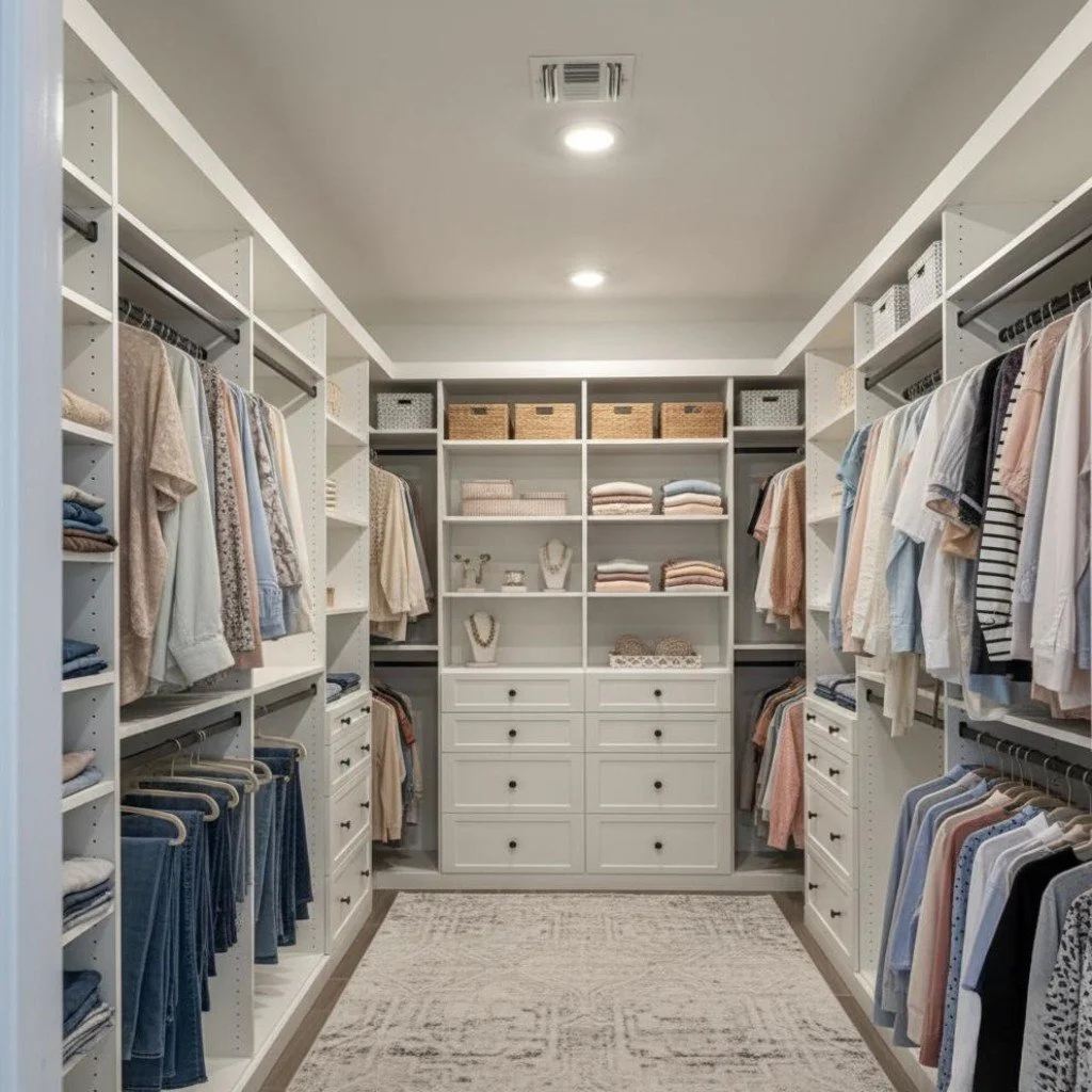 A walk-in closet with white shelves filled with folded clothes, hanging shirts, and accessories. Baskets and drawers are organized on the top and middle shelves. A beige patterned rug covers the floor.