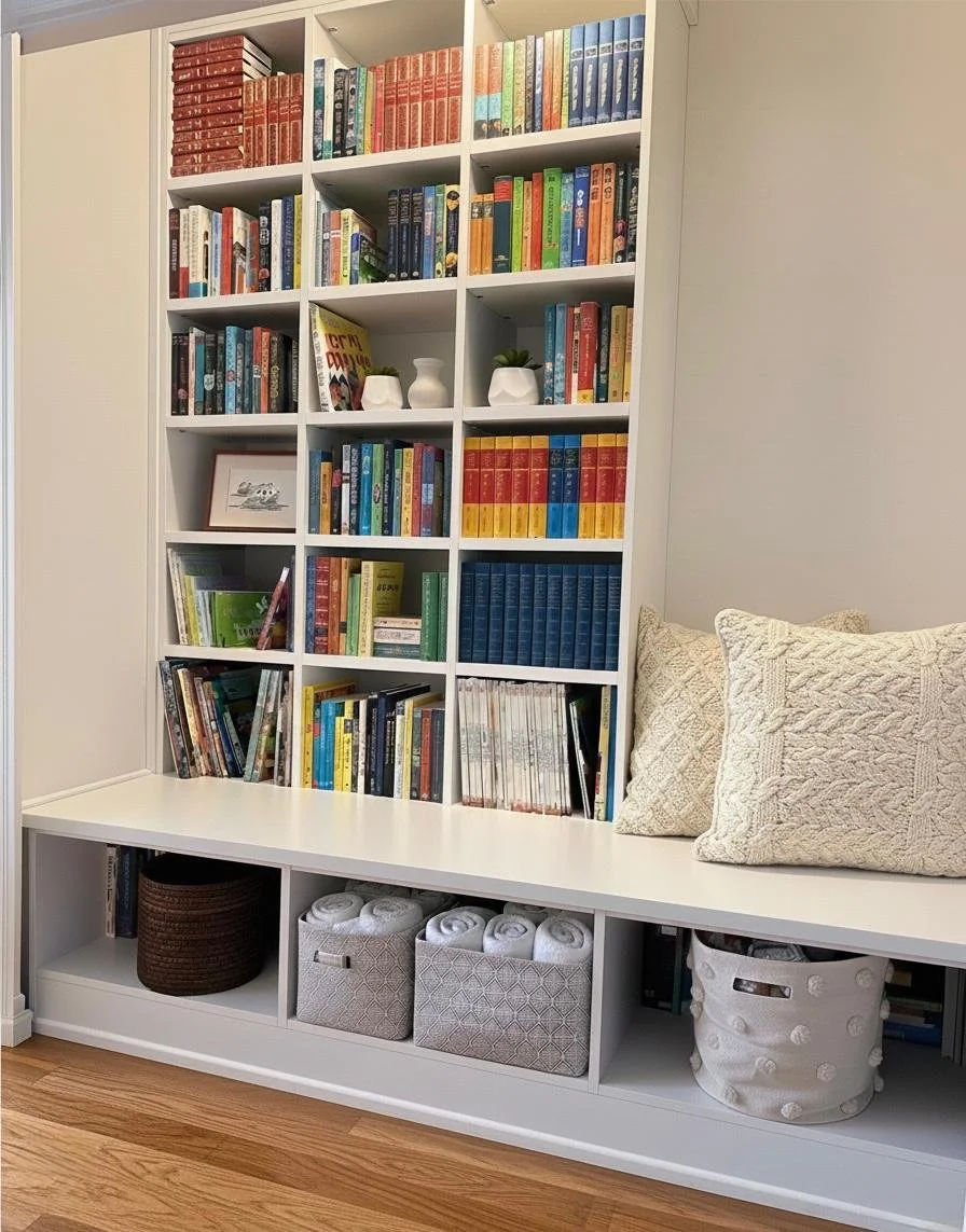Bookcase with shelves filled with colorful books, decorative vases, and small plants, with a seating area and storage baskets below.