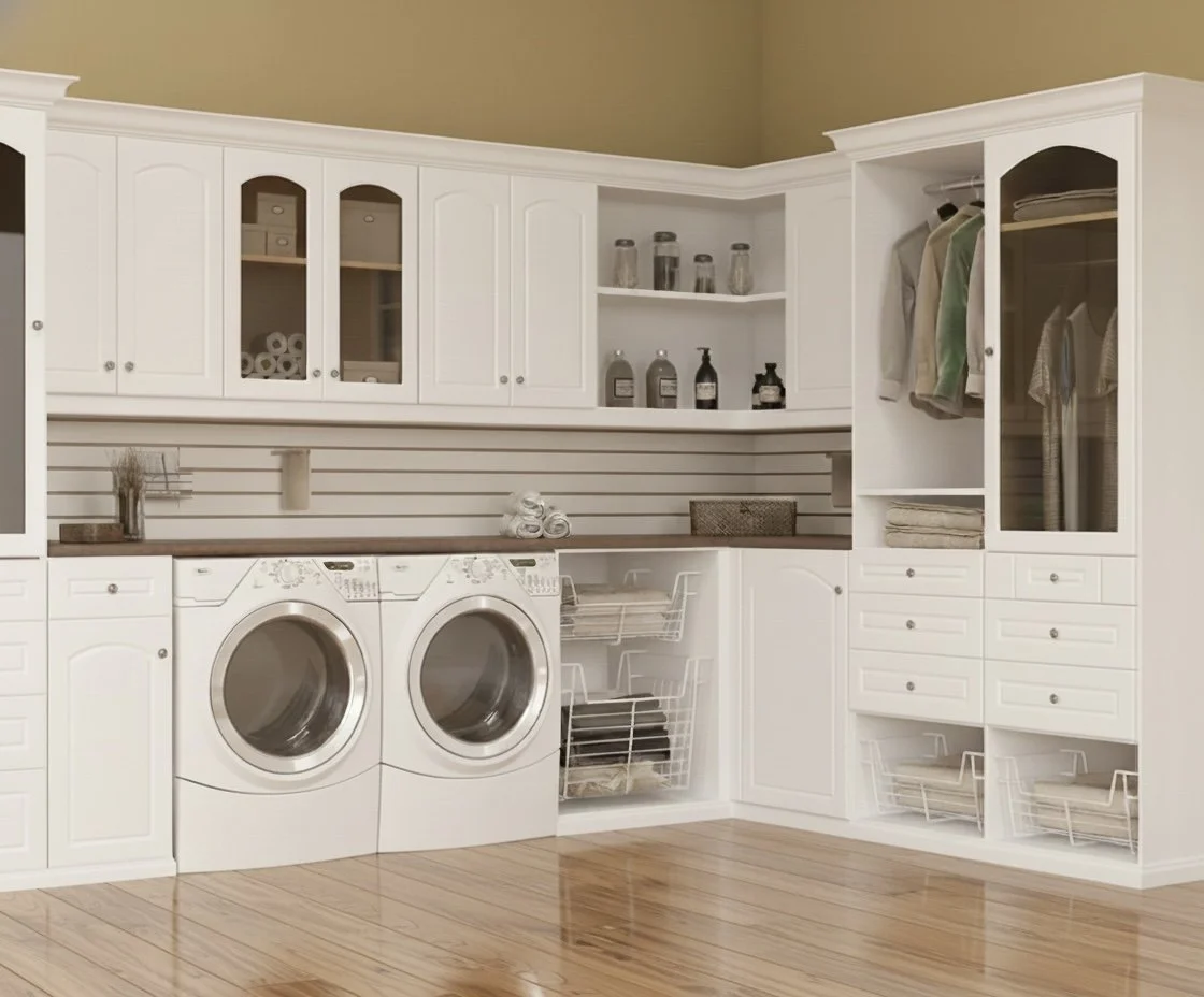 White laundry room with cabinets, shelves, and a washer and dryer, featuring baskets and folded towels.
