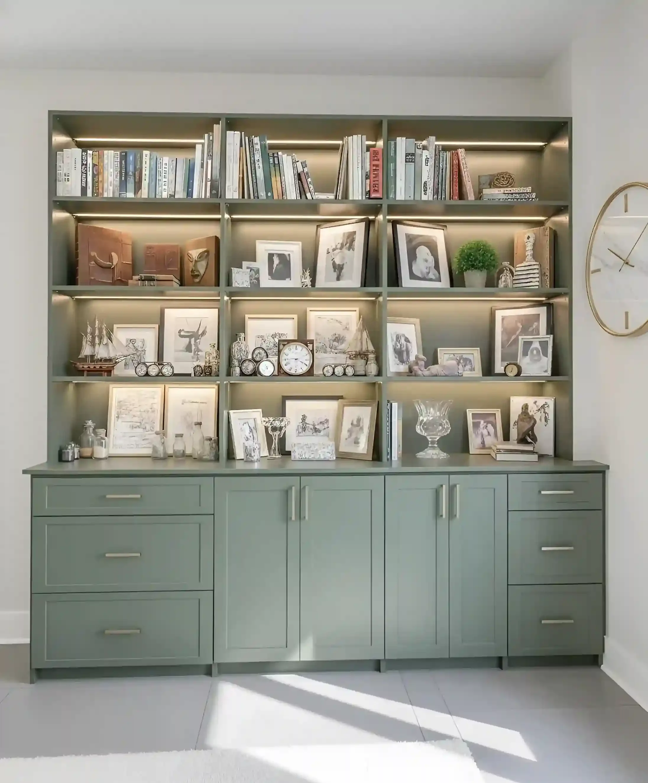 A green cabinet with multiple drawers and closed doors, topped with decorative glassware and framed photographs. Behind it is a large bookshelf with books, framed pictures, small decorative items, and a clock. To the right, a large round wall clock i