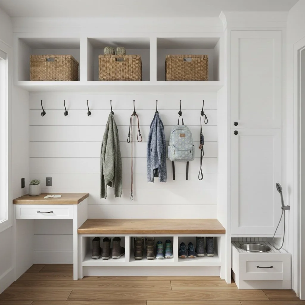 Entryway with hooks holding coats, backpacks, and leashes, shelves with baskets, cubbies with shoes, a small desk with a plant, and a built-in dog washing station.