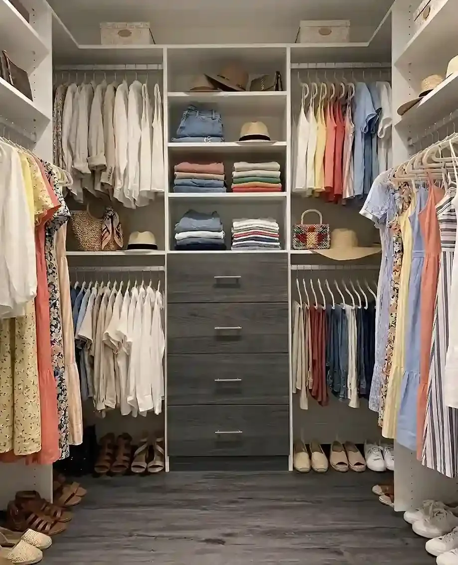 Organized walk-in closet with hanging clothes, folded towels, hats, handbags, and shoes.