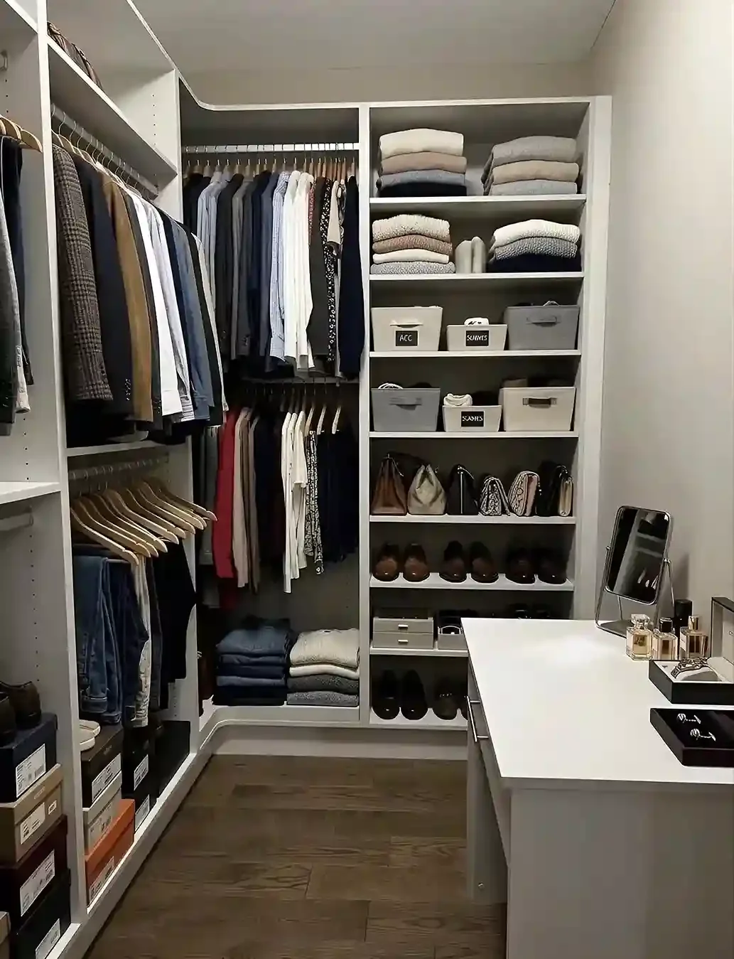 Organized walk-in closet with shirts, pants, and accessories.