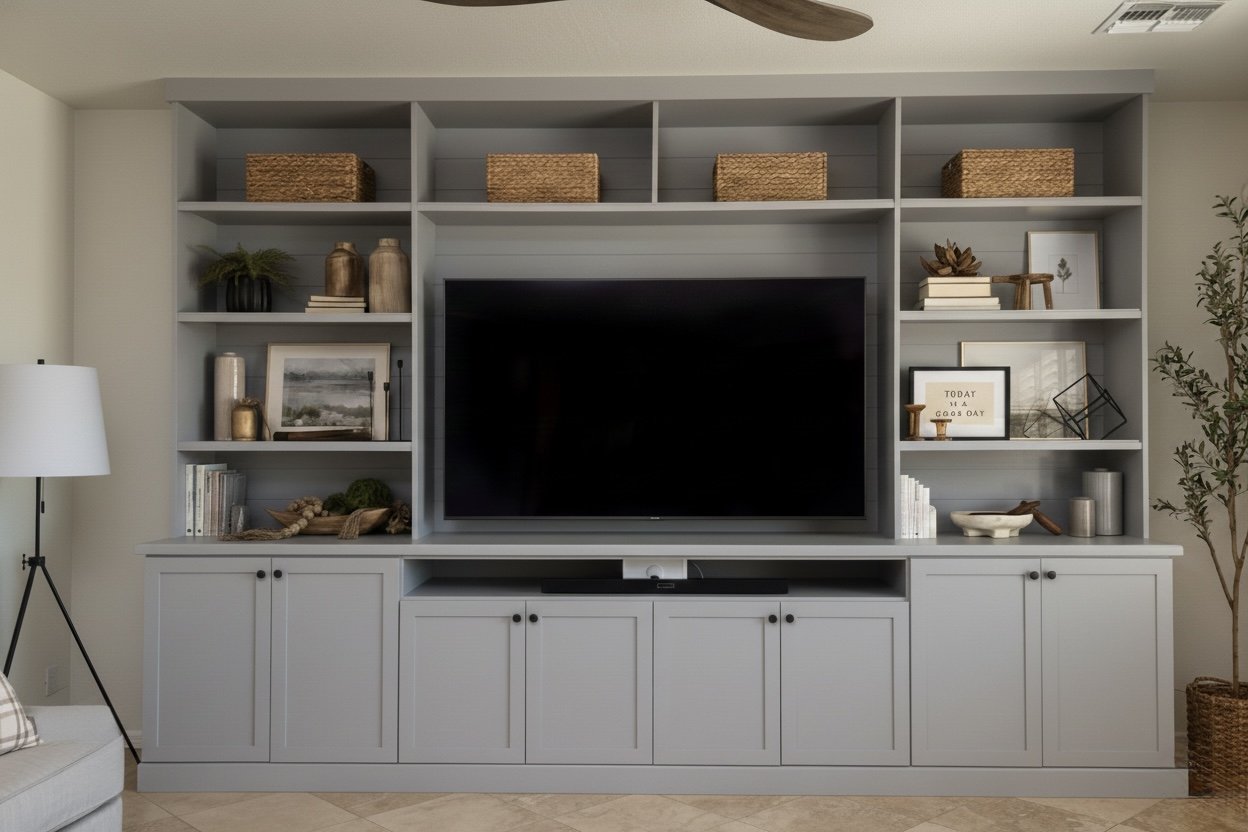 Living room entertainment center with a large flat-screen TV, decorative shelves with baskets, books, plants, framed artwork, and decorative items, against a neutral-colored wall.