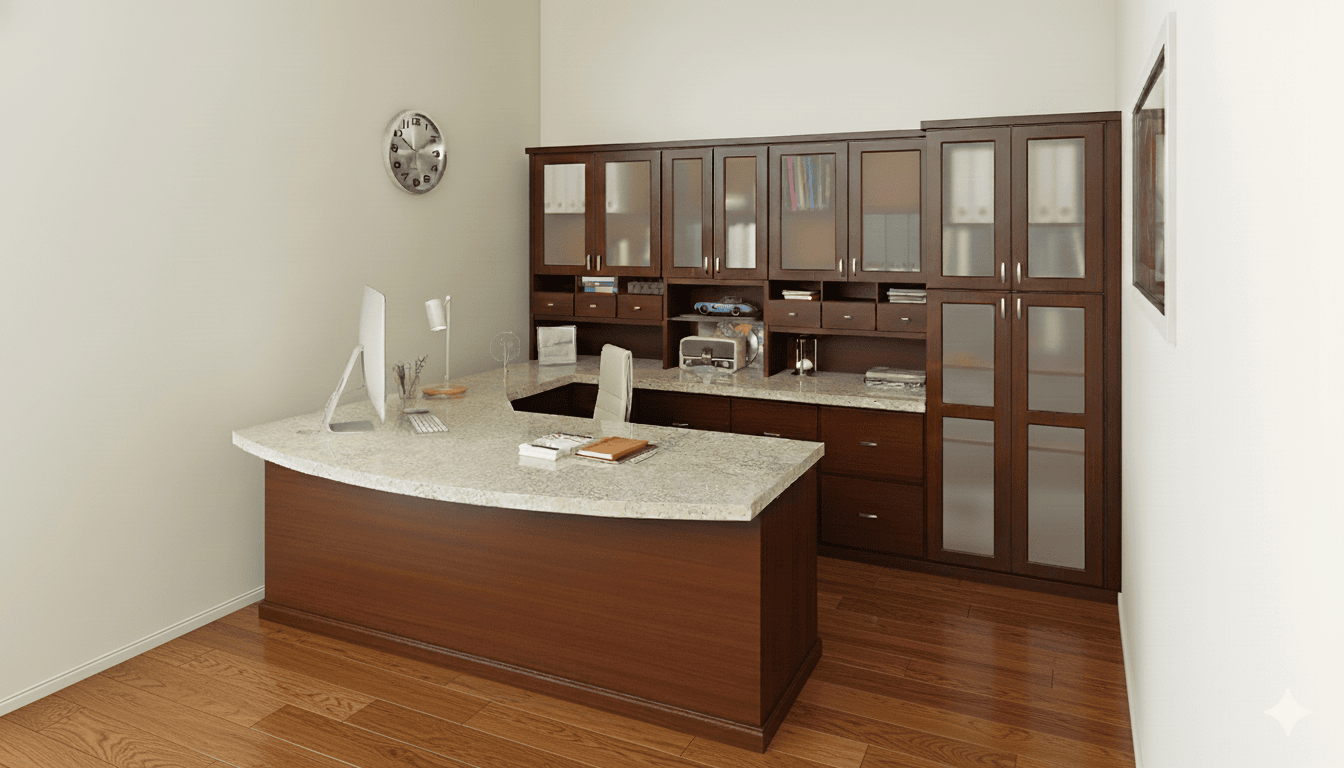 office with wooden desk, computer, two chairs, wall clock, wall cabinets, bookshelf, and framed picture on the wall