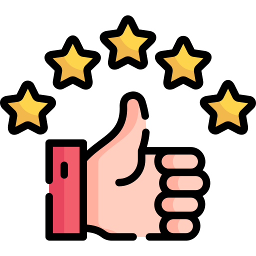 A hand giving a thumbs-up with five stars above it, symbolizing approval or quality.