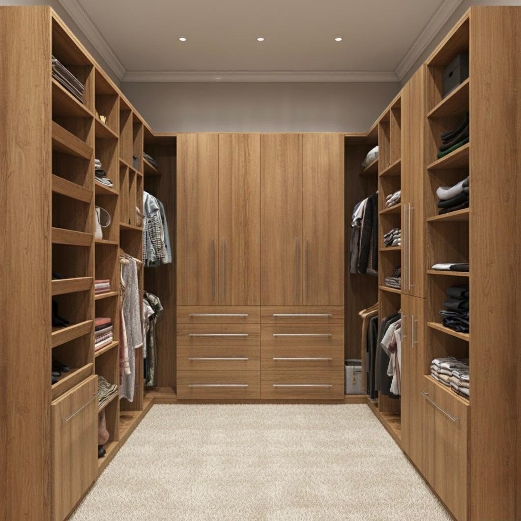A walk-in closet with wooden shelves and drawers filled with folded clothes and hanging garments. The closet has white walls, a carpeted floor, and built-in ceiling lights.