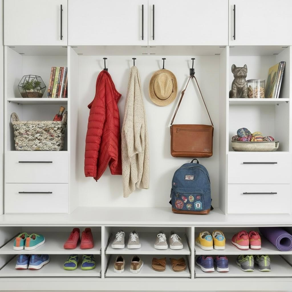 White organized entryway storage with shelves, hooks, shoes, backpack, hat, coat, and decorative items.