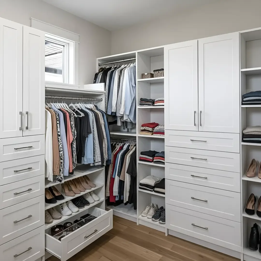 Organized walk-in closet with white shelving and hanging clothing, shoes on lower shelves, and a small window.
